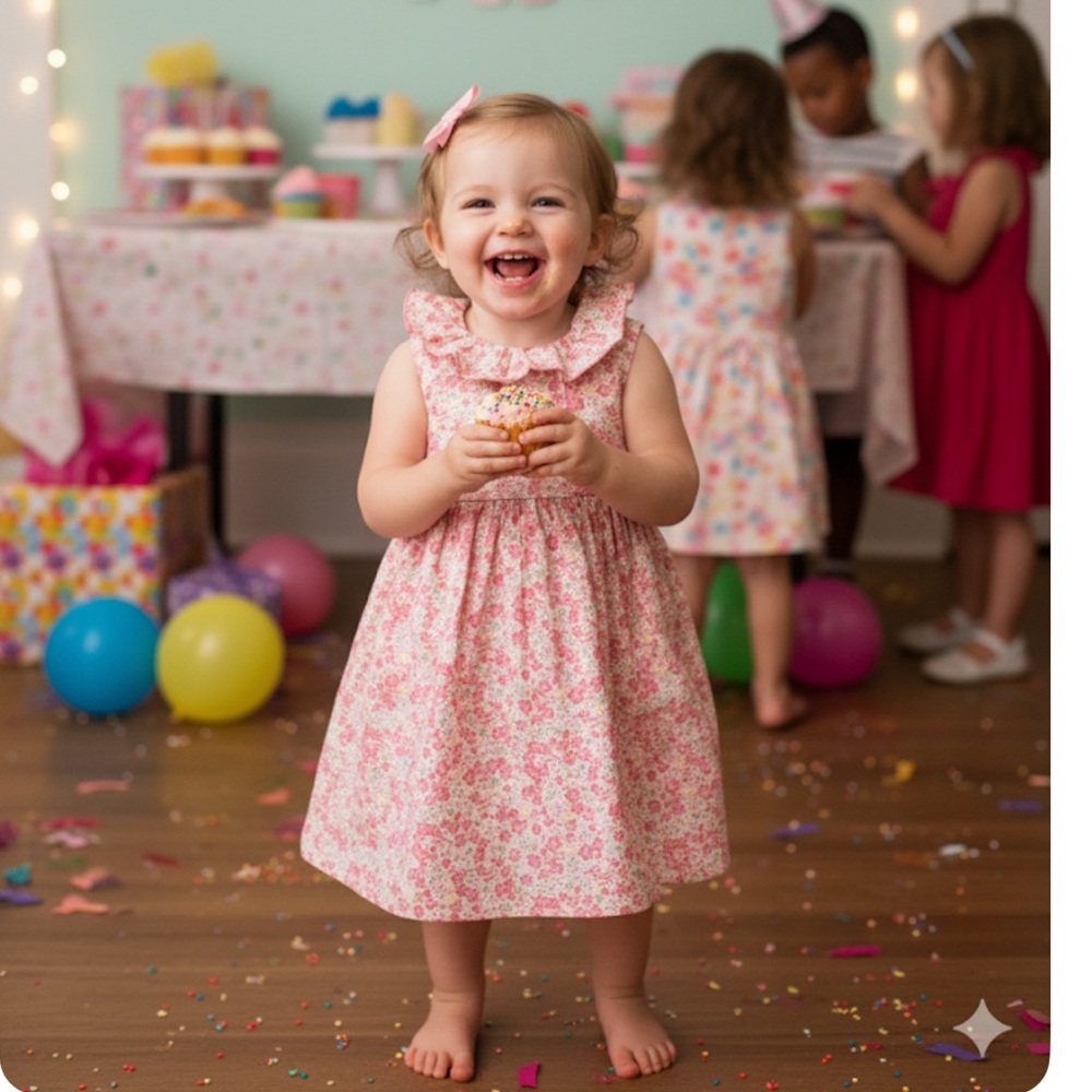 Edgehill Collection Pink Ruffle Neck Floral Dress- Size 9 Months - Picture 1 of 6